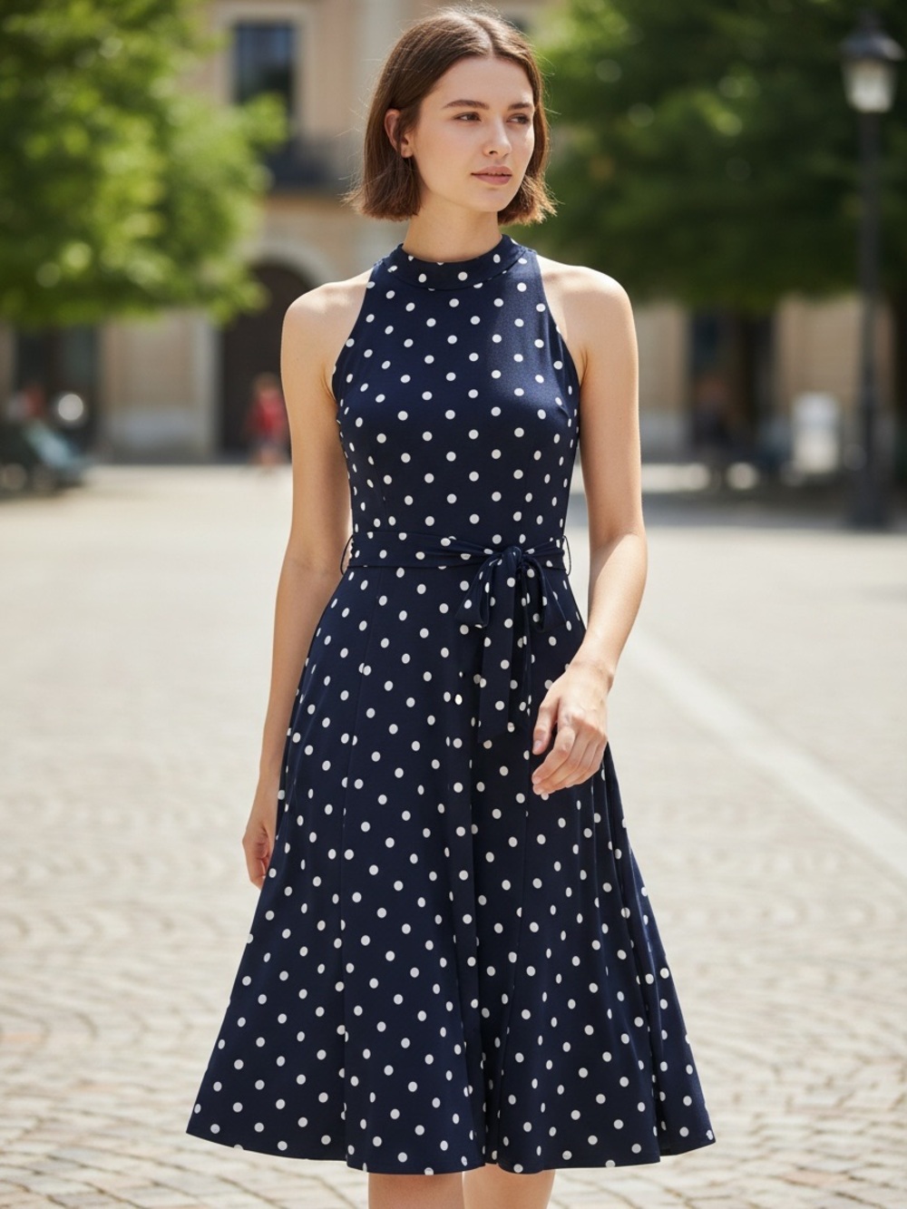 Lauren Ralph Lauren Navy and White Polka Dot Halter Tie-Waist Midi Dress